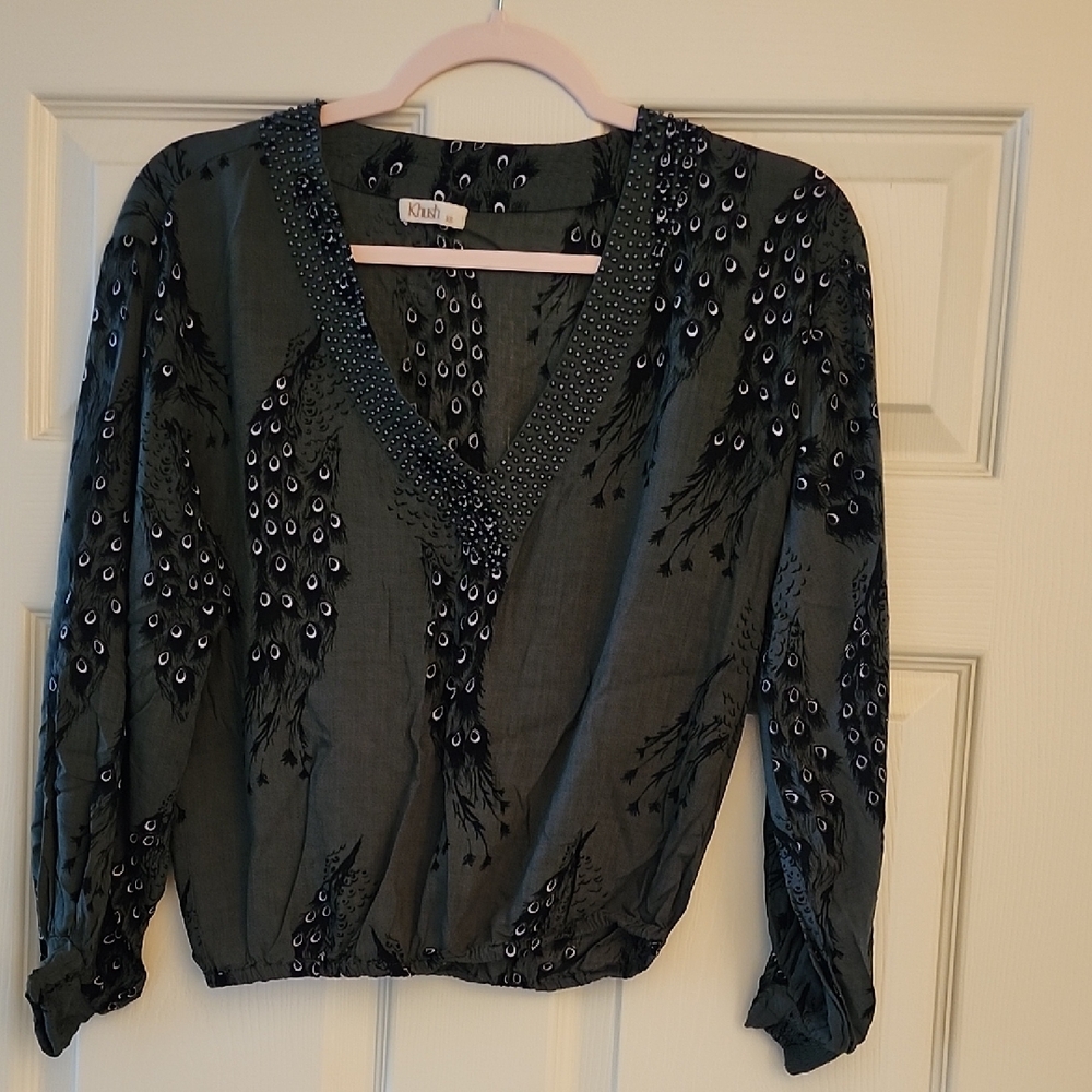 Embellished Dark Green V-Neck Blouse by Kush